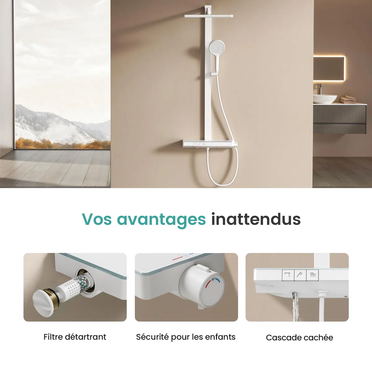 EMKE Système de Douche avec Thermostat,Blanc Mat,Douche Pluie 36x24 cm