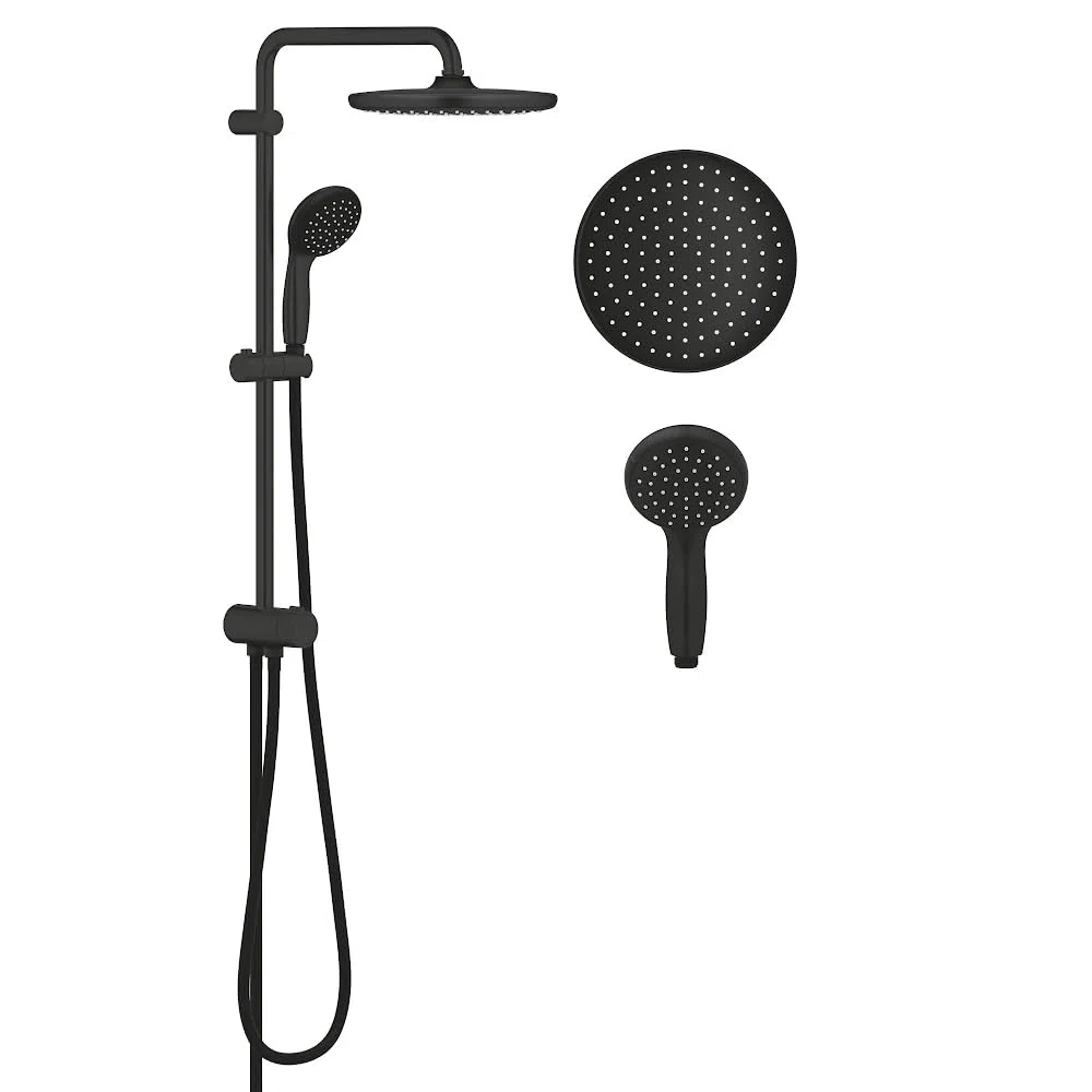 GROHE Vitalio Start 250 Colonne de Douche avec Inverseur Manuel, Douche de Tête Ronde 2 jets 25cm, Pommeau de Douche Rond 1 jet 10cm, Economie d'Eau, Noir Mat, 266802430