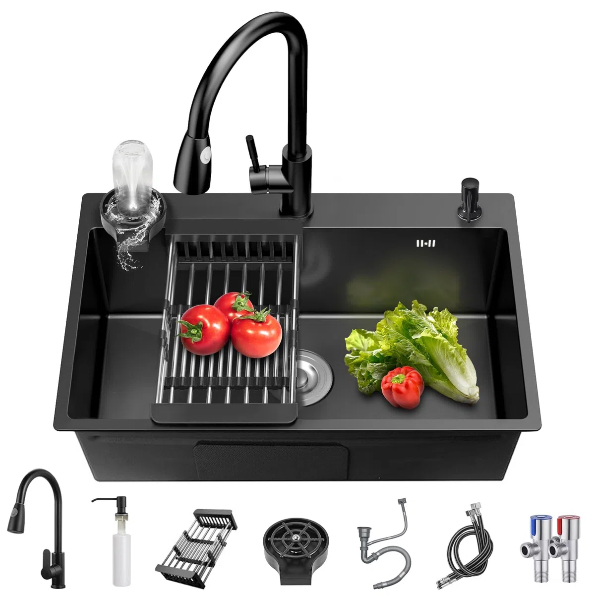 Évier De Cuisine Noir 3 Trous 1 Bac En Acier Inoxydable 304, Avec Robinet Extractible 360°, Rince-verre, Distributeur De Savon Et Panier Égouttoir (50 x 45 cm)