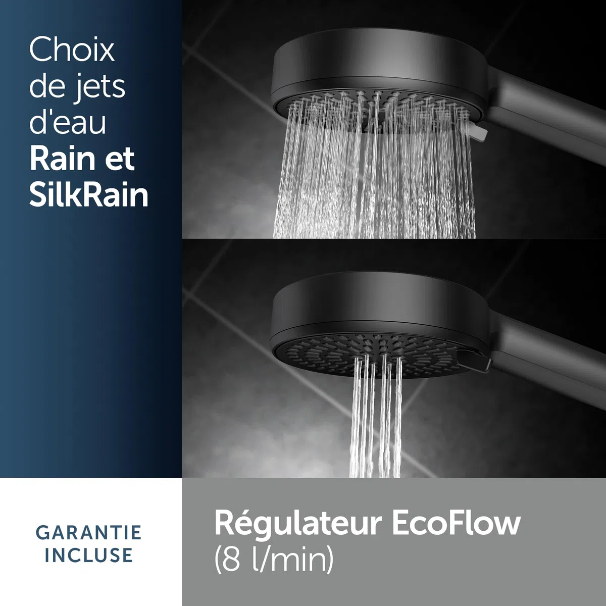 Ideal Standard Idealrain Alu+ Ensemble de douche, Pomme de douche économique avec deux types de jets (SilkRain et Rain) et supports réglables – Noir Mat (349x157x600 mm)