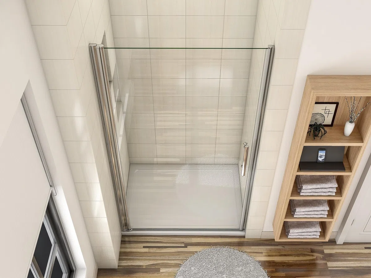 Porte de douche pivotante 90cm en 6mm verre anticalcaire Installation en niche Hauteur 197cm, profilé en chromé