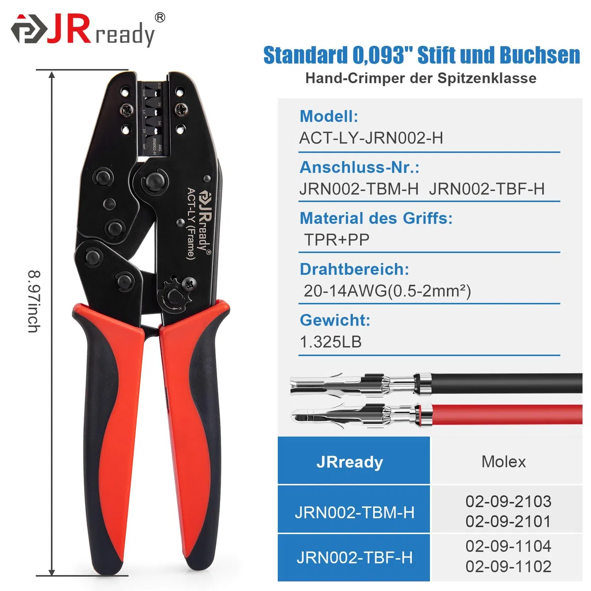 JRready ST6500 Connecteur de câble standard pour voiture .093" 2/3/4/6/9/12 broches avec pince à sertir et kit d'extracteurs 14-20 AWG, cosses de câble, connecteurs plats pour appareils ménagers et