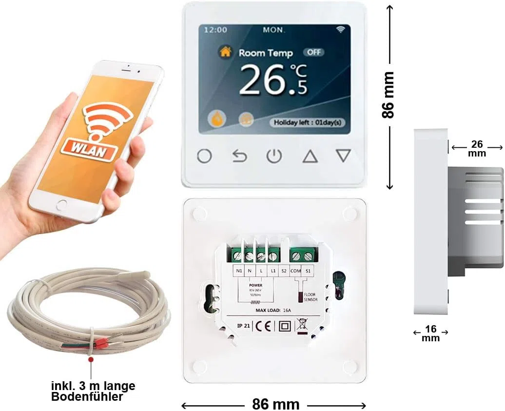 Tapis de câble chauffant électrique - Avec thermostat Wi-Fi - 15 m² - Lit mince - Chauffage au sol électrique économique 150 W/m² - Technologie Twin - [Classe d'efficacité énergétique A+++]