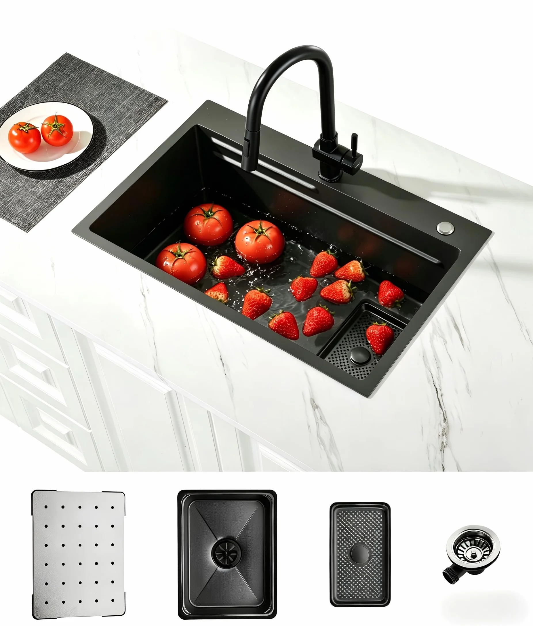 Evier Cuisine 1 Bac Noir 70 × 45 cm,Evier Inox 1 Bac,2 Trous Pour Robinets,Ensemble Comprenant Une CréPine,Un Bac De DéCongéLation,Un Panier De Vidange Et Un Siphon