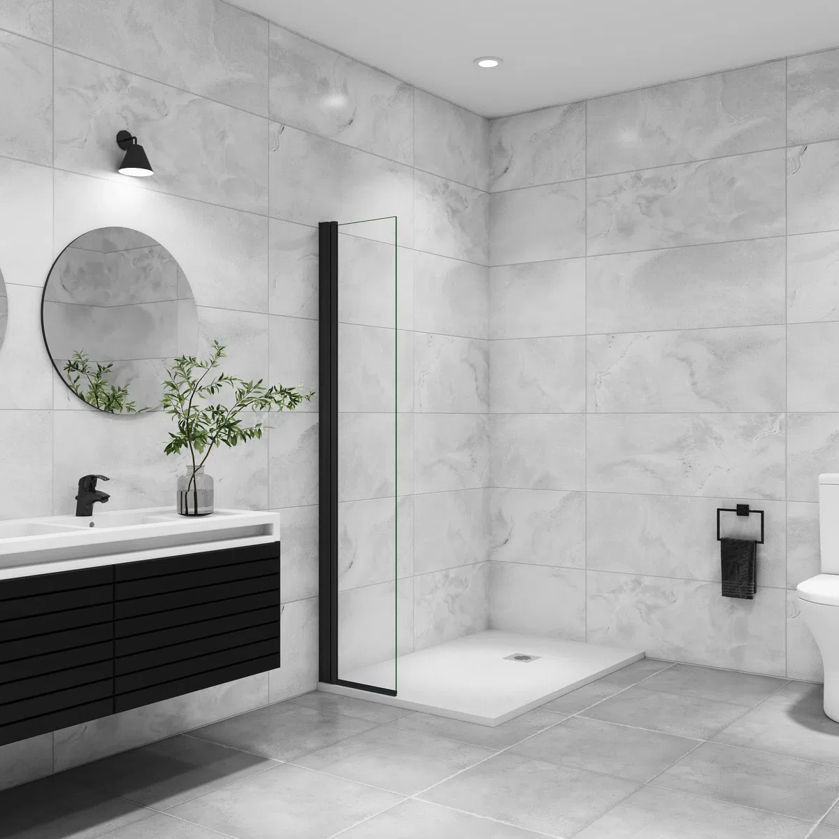 AICA paroi de douche à l'italienne pivotante 45x200cm paroi de douche retour pivotant mural en verre 8mm anticalcaire, profilé en alu Noir mat