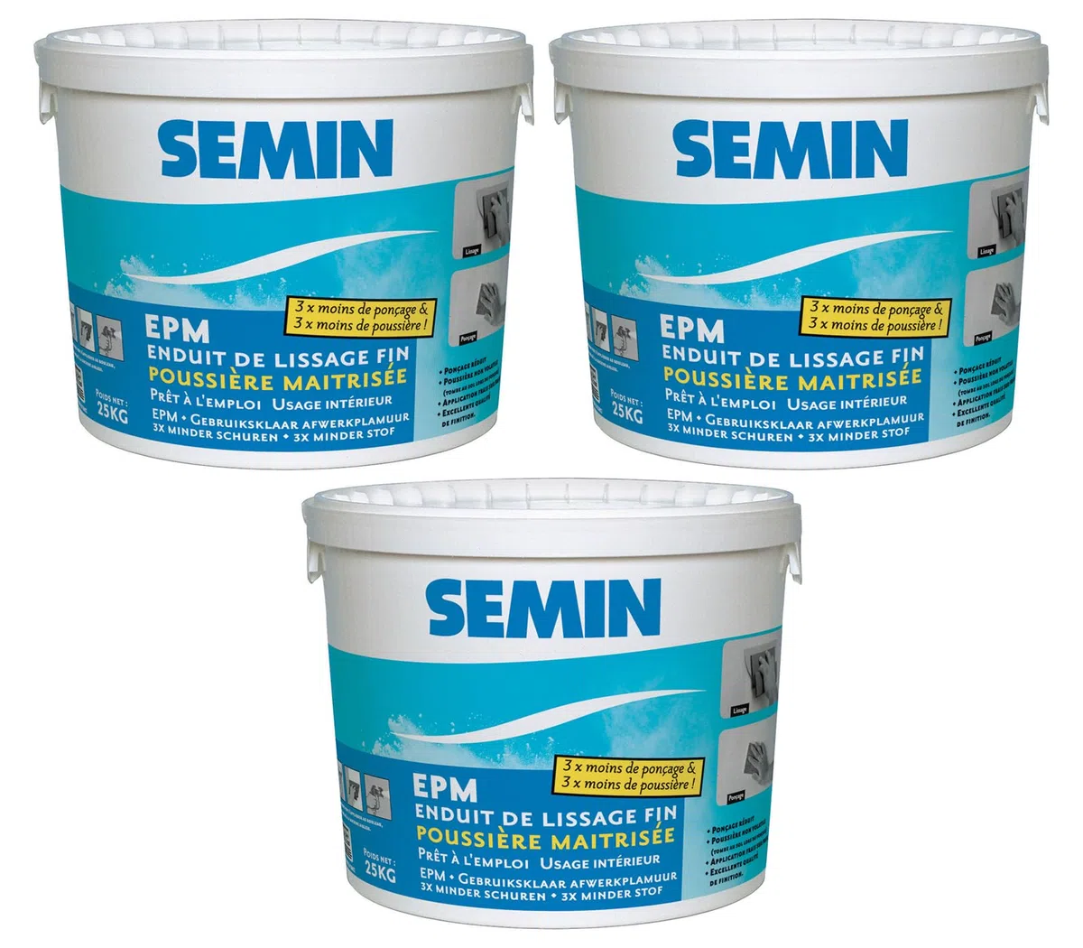 SEMIN Enduit de Lissage –3 X 10 kg Prêt à l'Emploi – Finition Murs et Plafonds Intérieurs – Poussière Maîtrisée – Ponçage Réduit – Excellente Qualité de Finition – Fabrication Française