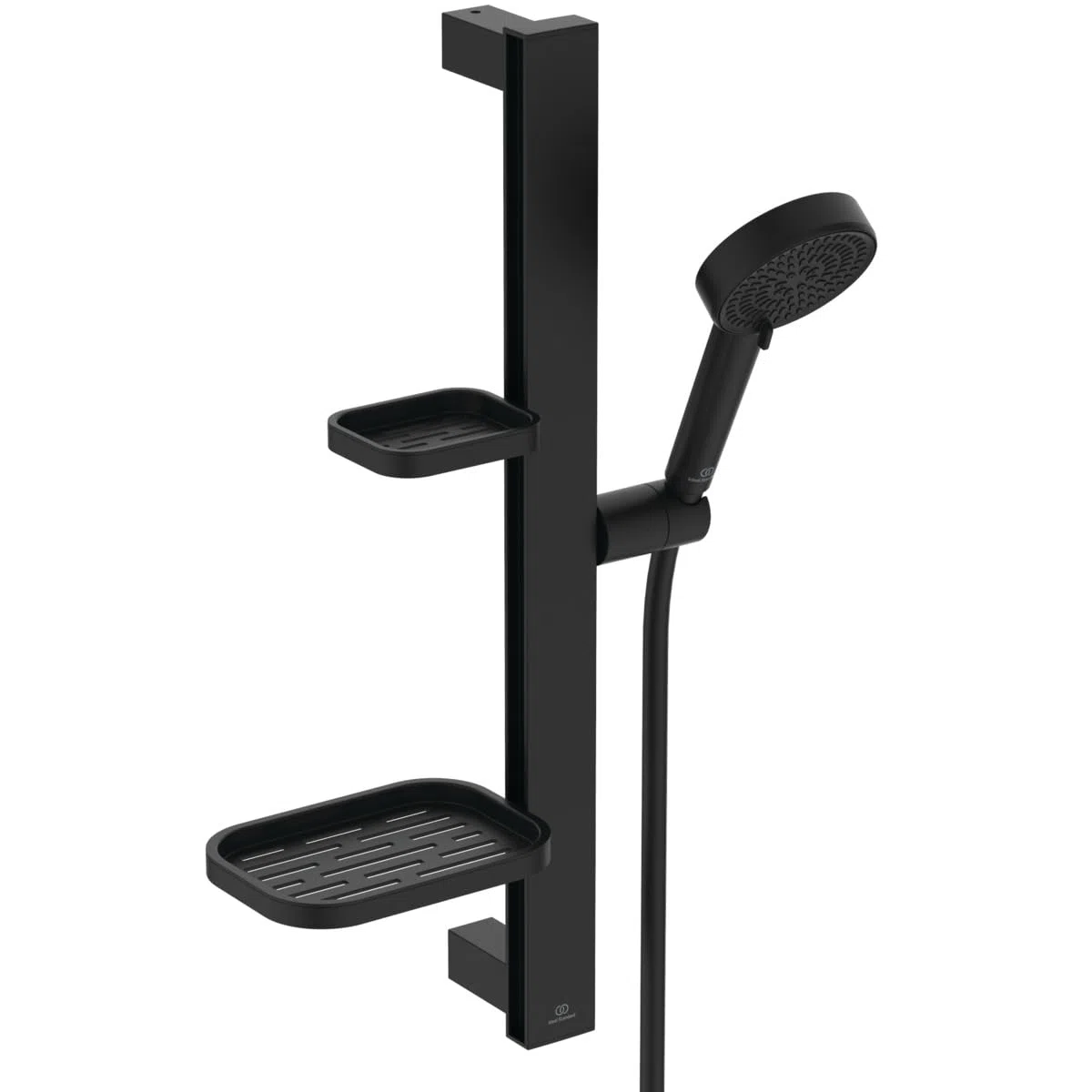 Ideal Standard Idealrain Alu+ Ensemble de douche, Pomme de douche économique avec deux types de jets (SilkRain et Rain) et supports réglables – Noir Mat (349x157x600 mm)