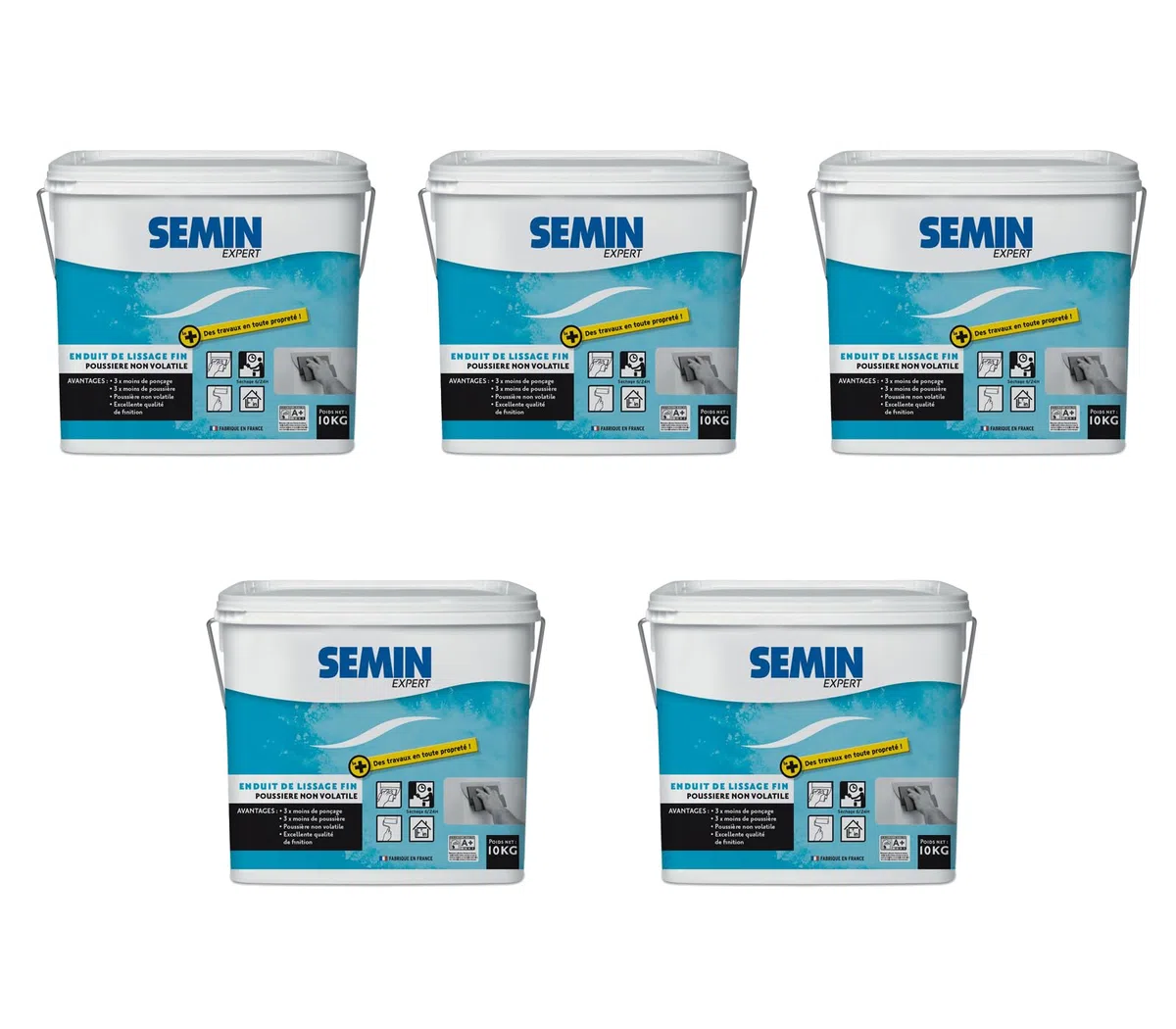 SEMIN Enduit de Lissage 5 X 10 kg Prêt à l'Emploi – Finition Murs et Plafonds Intérieurs – Poussière Maîtrisée – Ponçage Réduit – Excellente Qualité de Finition – Fabrication Française