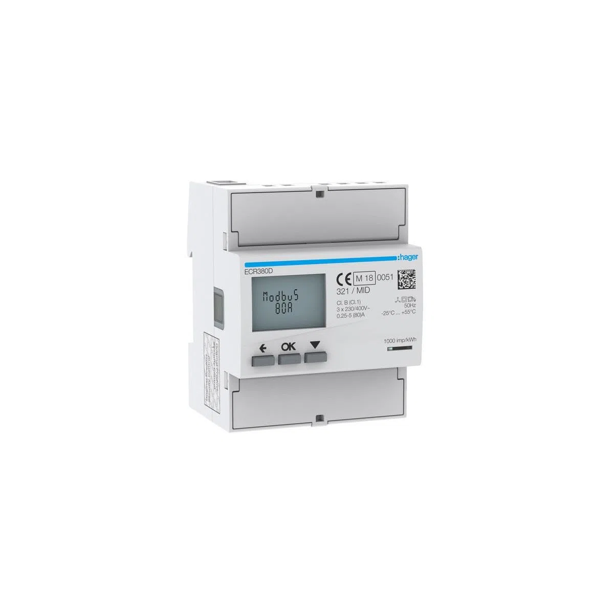 HAGER Compteur d'énergie triphasé, direct 80 A, 4 m, MID ECR380D