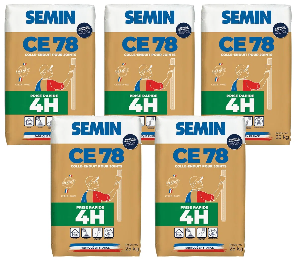 SEMIN CE 78 Rapide 4H – Enduit en Poudre pour Joints de Plaques de Plâtre – Temps de Prise 4 Heures – Finition dans la Journée – Intérieur – 5 X sac 25 kg