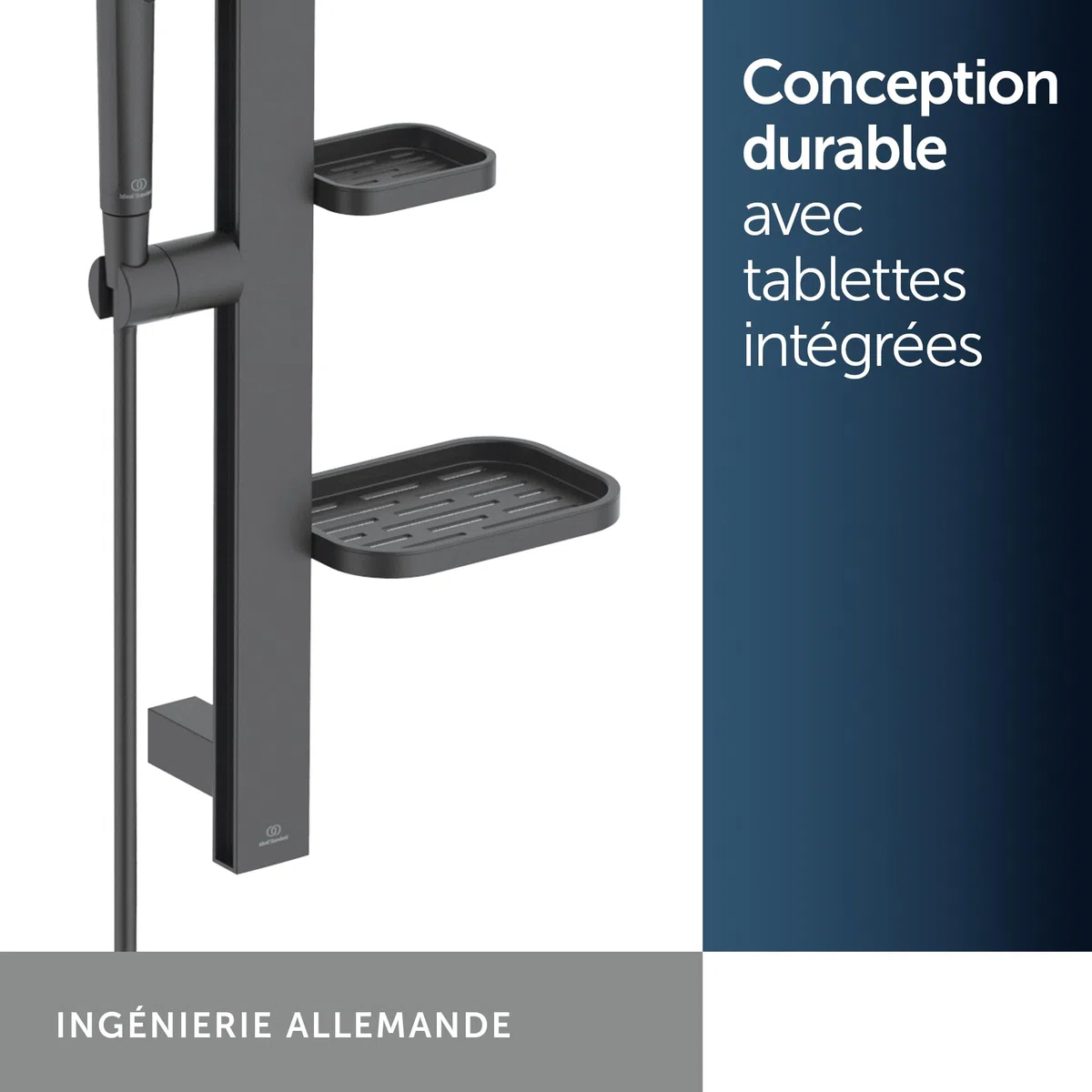 Ideal Standard Idealrain Alu+ Ensemble de douche, Pomme de douche économique avec deux types de jets (SilkRain et Rain) et supports réglables – Noir Mat (349x157x600 mm)