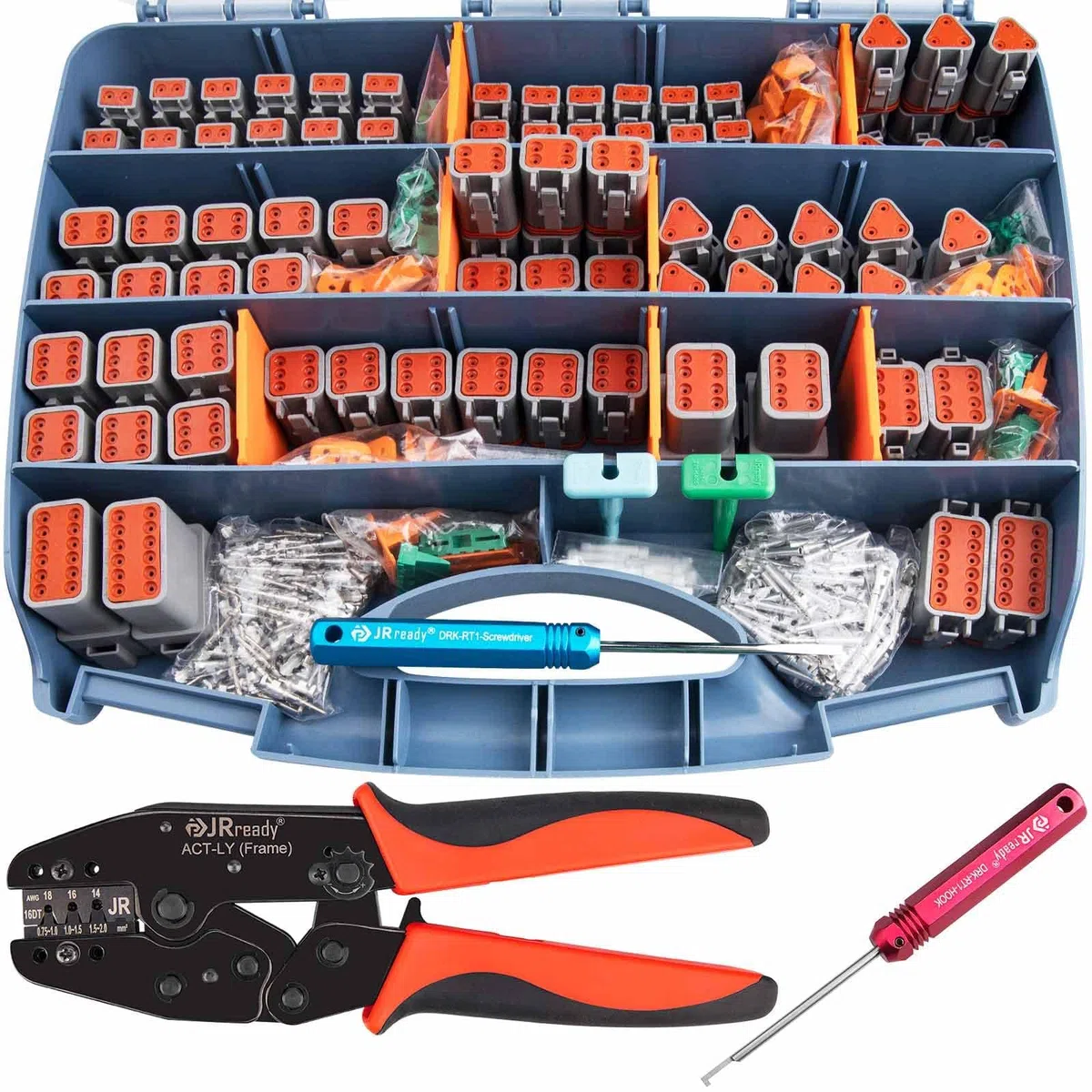 JRready Kits de connecteurs Deutsch ST6303 : 2 3 4 6 8 12 broches DT Kit de connecteurs étanches IP67 avec pince à sertir Deutsch ACT-LY-16DT, contacts estampés taille 16 pour réparation automobile,