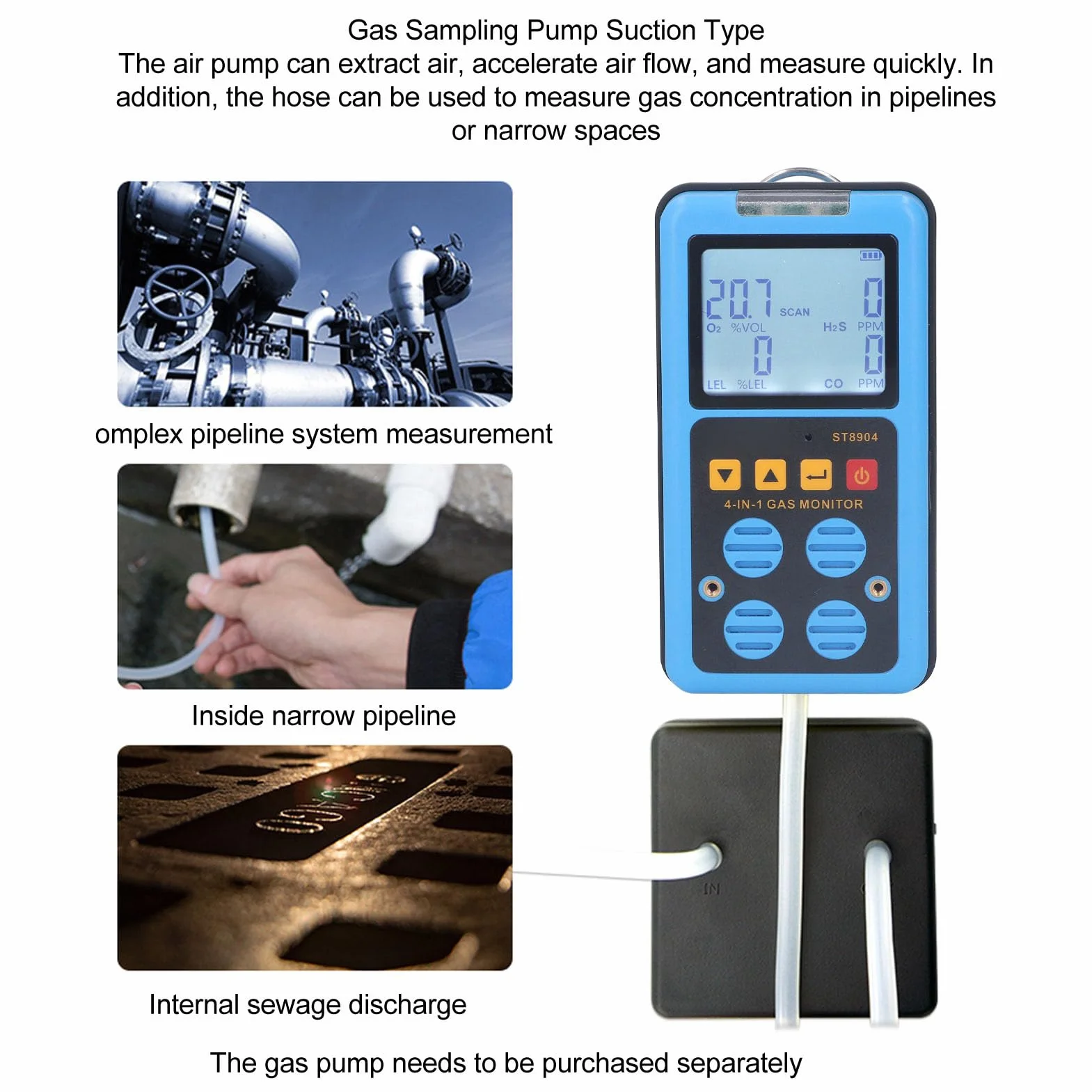 Détecteur de Gaz, 4 Moniteur de Gaz pour H2S, O2, CO et LEL, Détecteur Visuel Portatif de Fuite de Gaz avec Vibration, Son, Lumière, Rétro-éclairé D'affichage à Cristaux Liquides