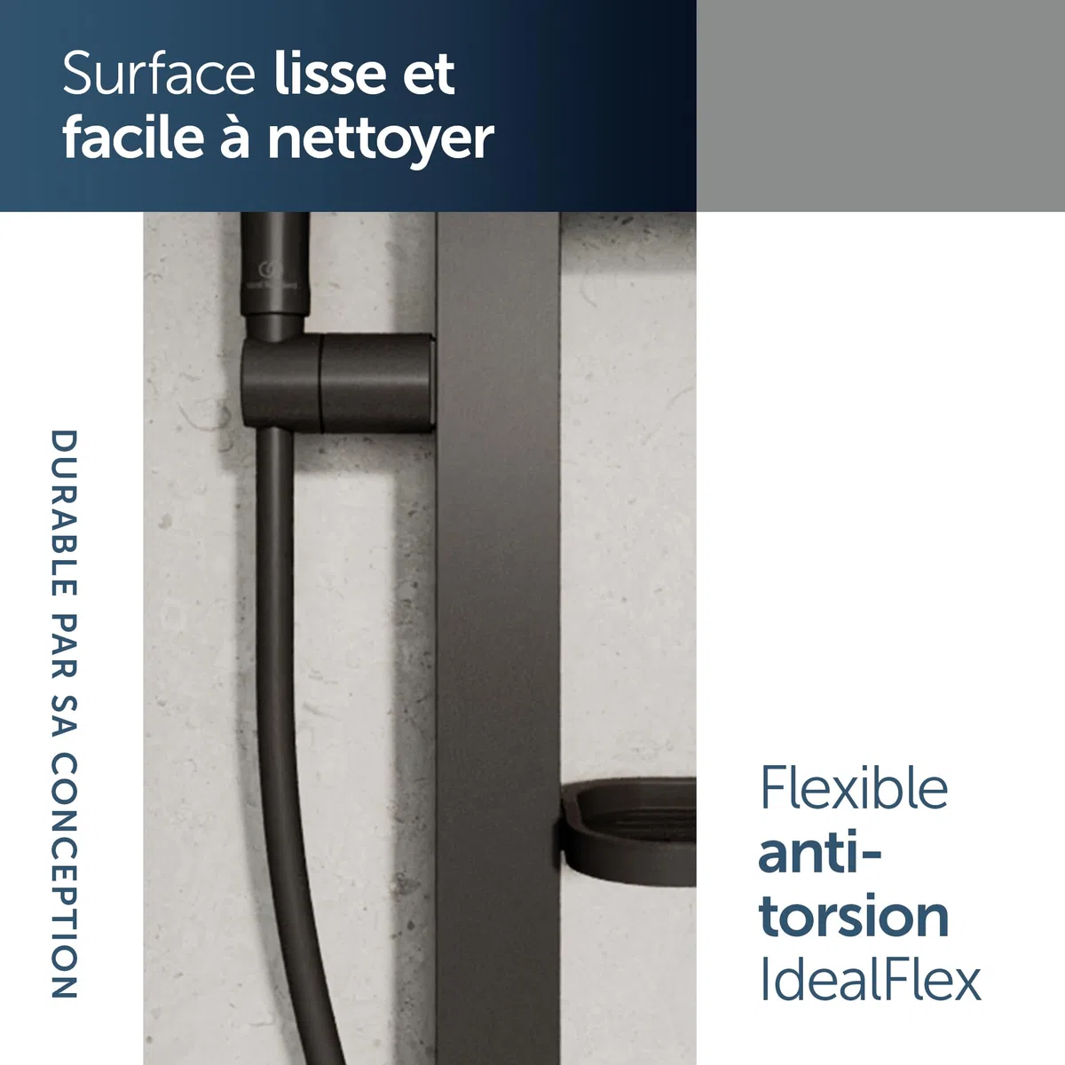 Ideal Standard Idealrain Alu+ Ensemble de douche, Pomme de douche économique avec deux types de jets (SilkRain et Rain) et supports réglables – Noir Mat (349x157x600 mm)