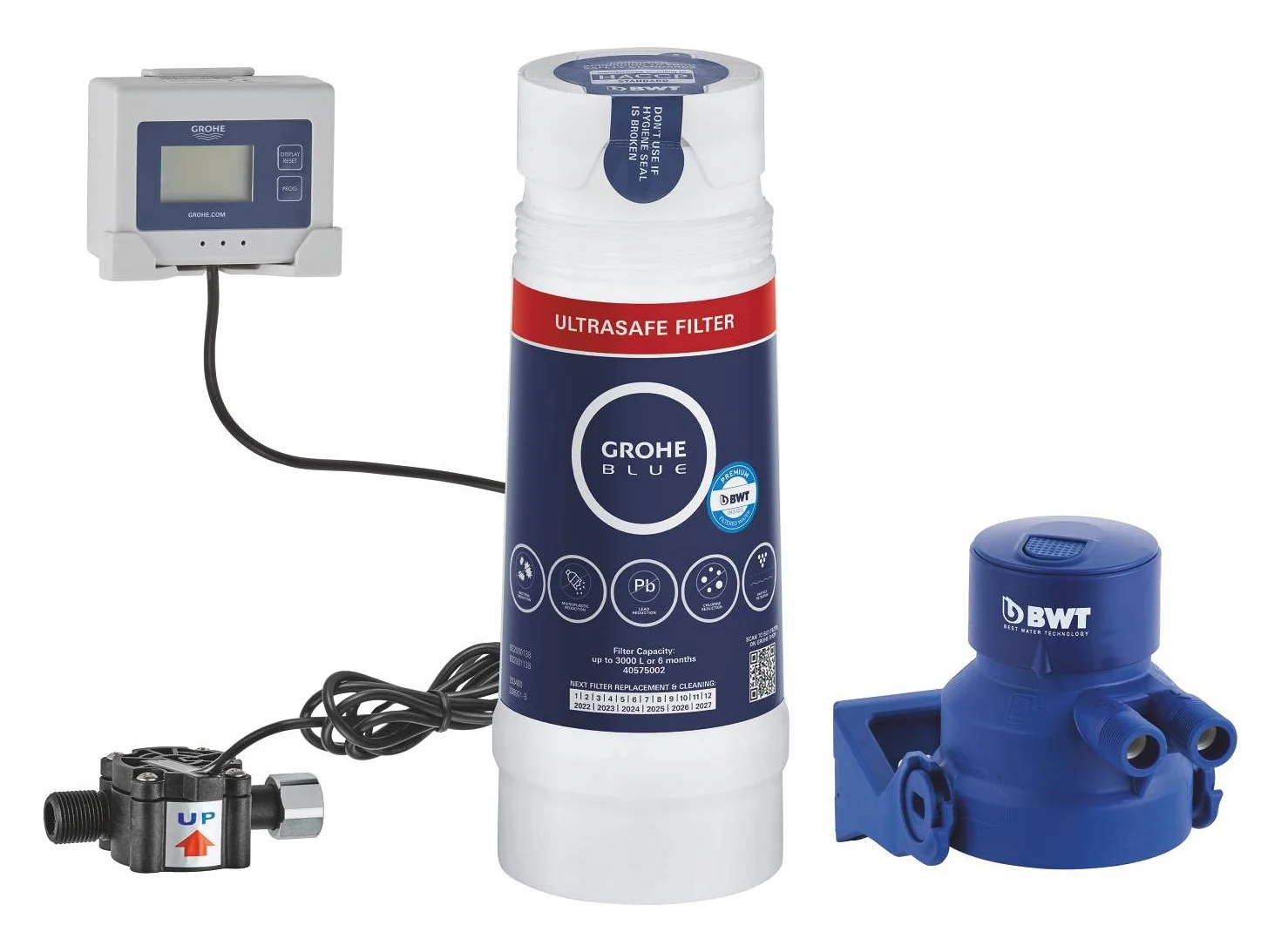 GROHE Blue Pure 40876000 Filtre à eau sous évier Ultrasafe Kit de démarrage (tête de filtre, débitmètre pour mesure de la durée de vie du filtre, capacité jusqu'à 3000 L), pour robinet de cuisine Blue