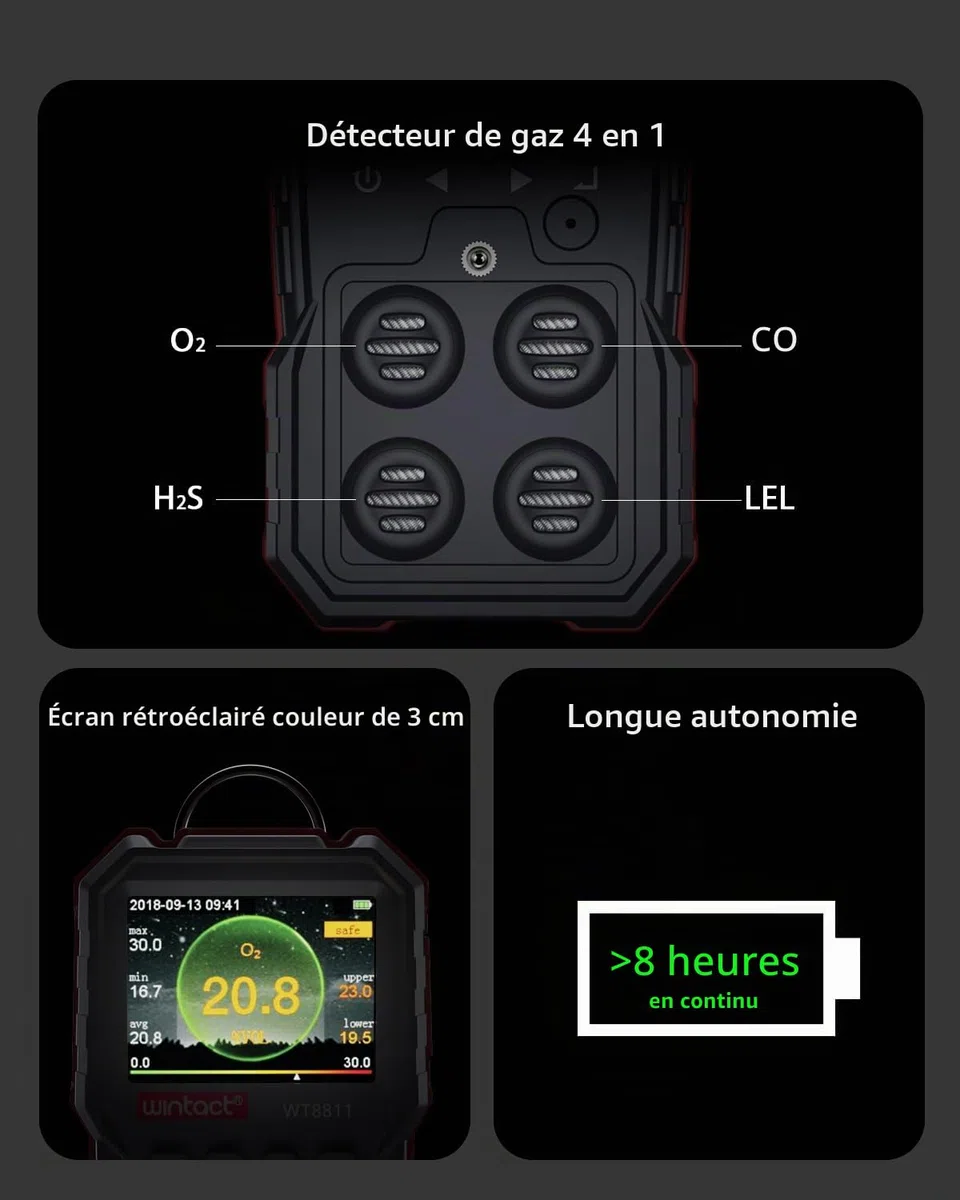 Wintact Détecteur de fuite de gaz 4 en 1, moniteur multi-alarme de gaz combustible, naturel, méthane, propane, monoxyde de carbone, sulfure d'hydrogène, oxygène pour la maison, camping-car, égout