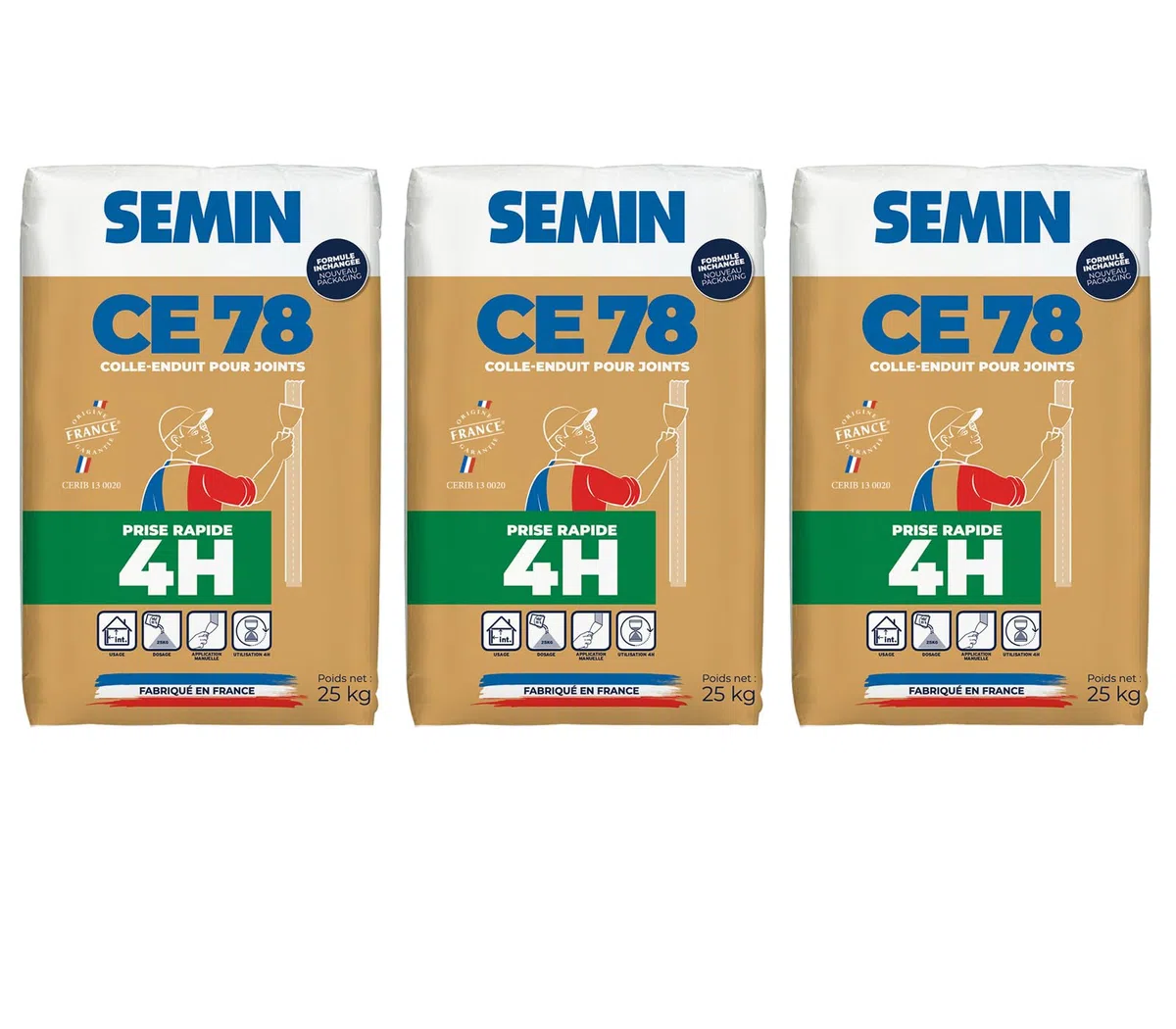 SEMIN CE 78 Rapide 4H – Enduit en Poudre pour Joints de Plaques de Plâtre – Temps de Prise 4 Heures – Finition dans la Journée – Intérieur – 3 X Sac 25 kg