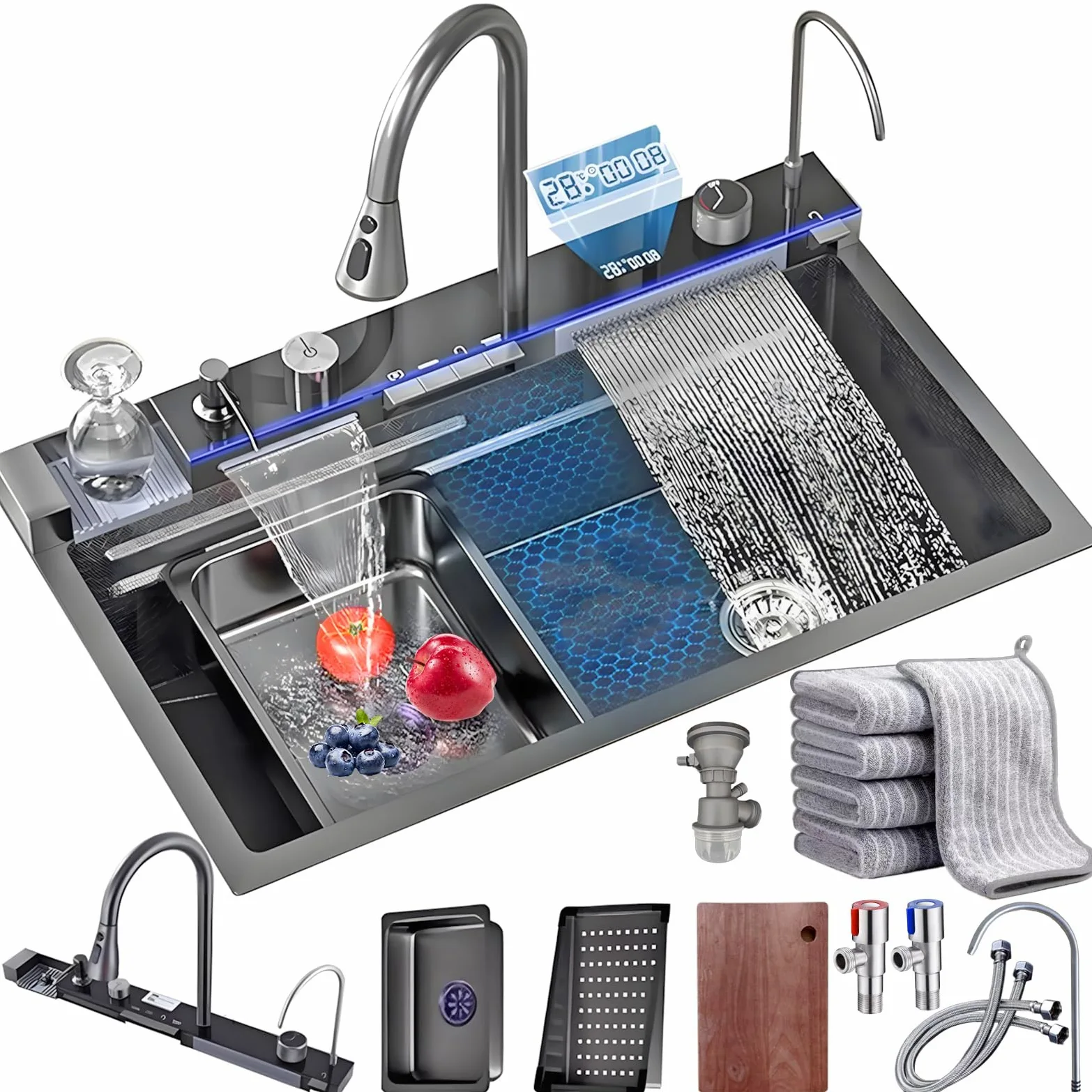 Noir Évier de cuisine 1 baignoire multifonction, évier de cuisine moderne en acier inoxydable évier de cuisine en cascade, avec composant de drainage, planche à découper, lavages, distributeur de