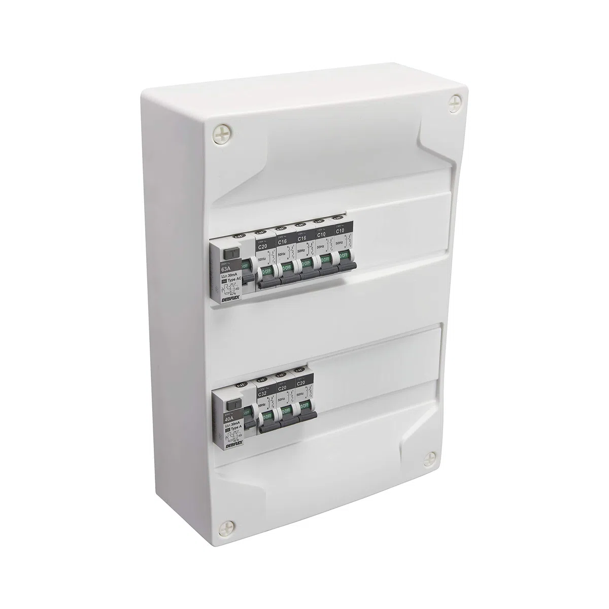 Coffret électrique - Tableau électrique - Coffret tableau - Coffret pré-équIPé - 2 rangées - 26 modules - 8 disjoncteurs - 2 inter diff (1) 40A type A et (1) 63a type AC - 707644 Debflex