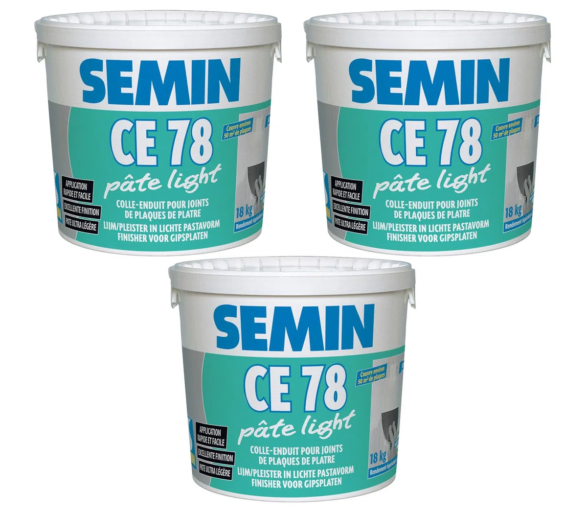 SEMIN CE 78 Pâte Light – Enduit Allégé pour Joints de Plaques de Plâtre – Prêt à l’Emploi – Excellente Finition – Jusqu’à 50 m² – 3 Seaux de 18 kg – Fabriqué en France