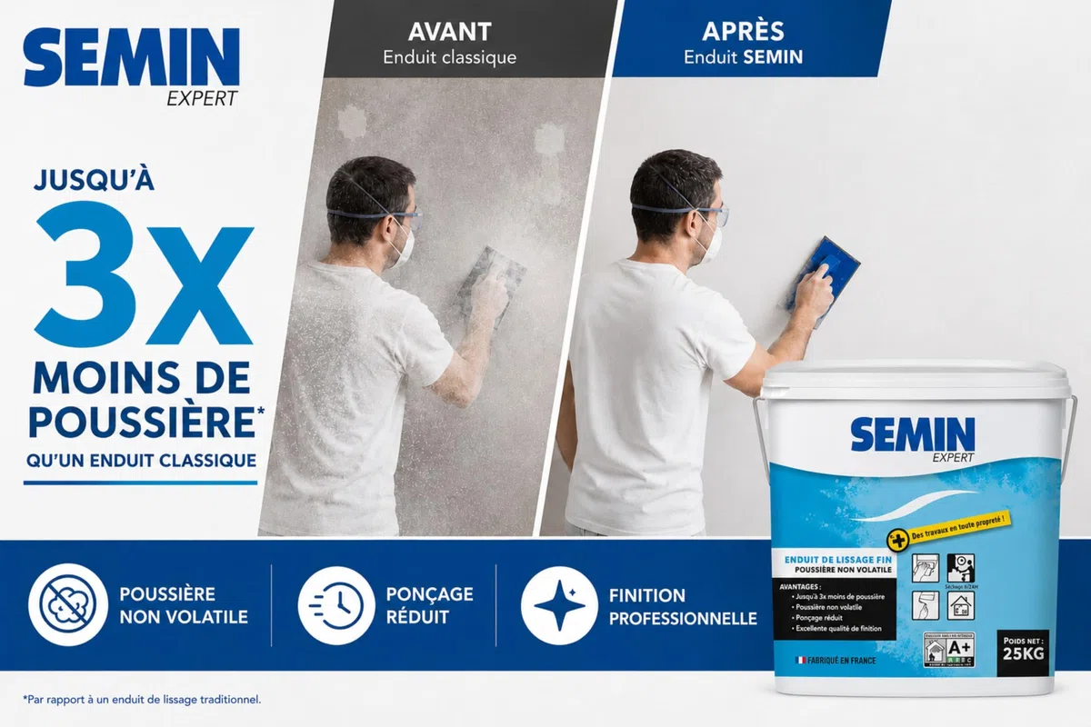 SEMIN Enduit de Lissage –3 X 10 kg Prêt à l'Emploi – Finition Murs et Plafonds Intérieurs – Poussière Maîtrisée – Ponçage Réduit – Excellente Qualité de Finition – Fabrication Française