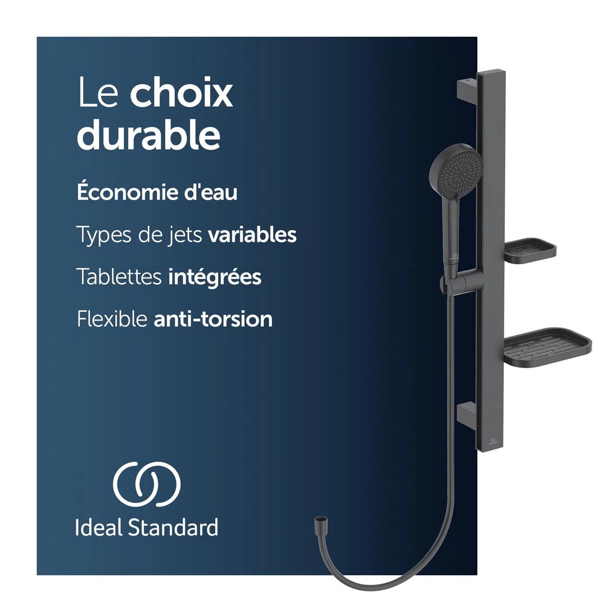 Ideal Standard Idealrain Alu+ Ensemble de douche, Pomme de douche économique avec deux types de jets (SilkRain et Rain) et supports réglables – Noir Mat (349x157x600 mm)