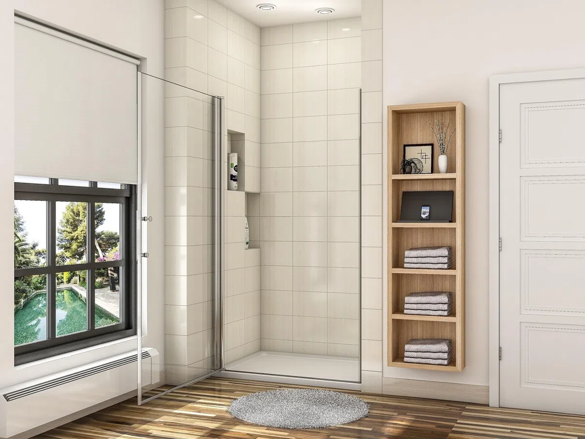 Porte de douche pivotante 90cm en 6mm verre anticalcaire Installation en niche Hauteur 197cm, profilé en chromé