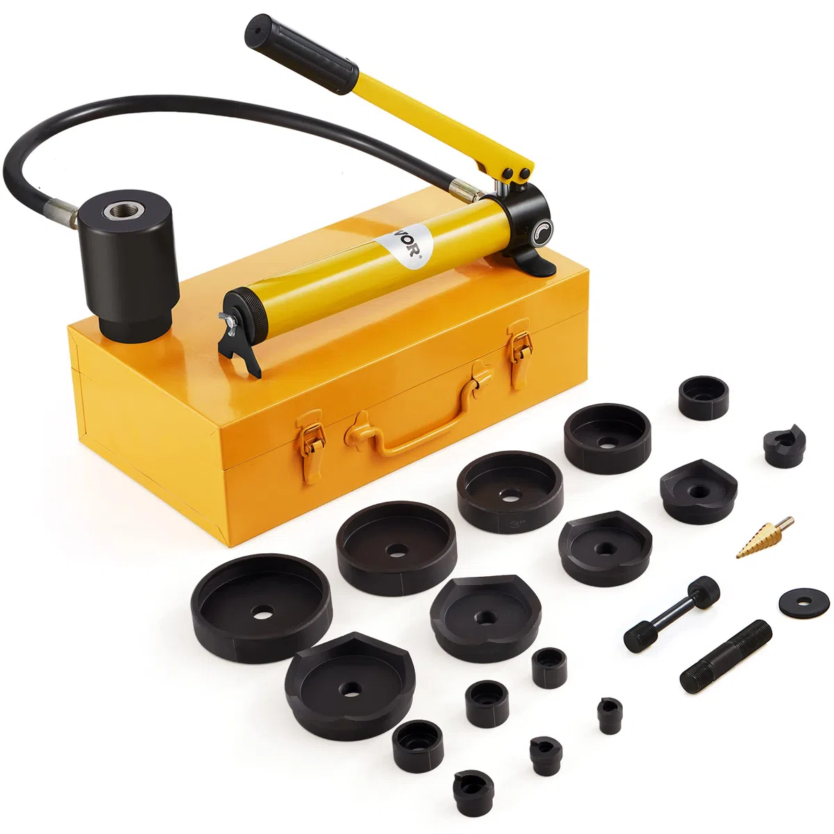 VEVOR Kit de Perforation Hydraulique 15 T 10 Poinçons 22-114 mm Poinçonneuse Hydraulique Manuelle avec Coffret Poignée Ergonomique Positionnement Précis Outil de Poinçonnage Métal Inox Alu Plastique