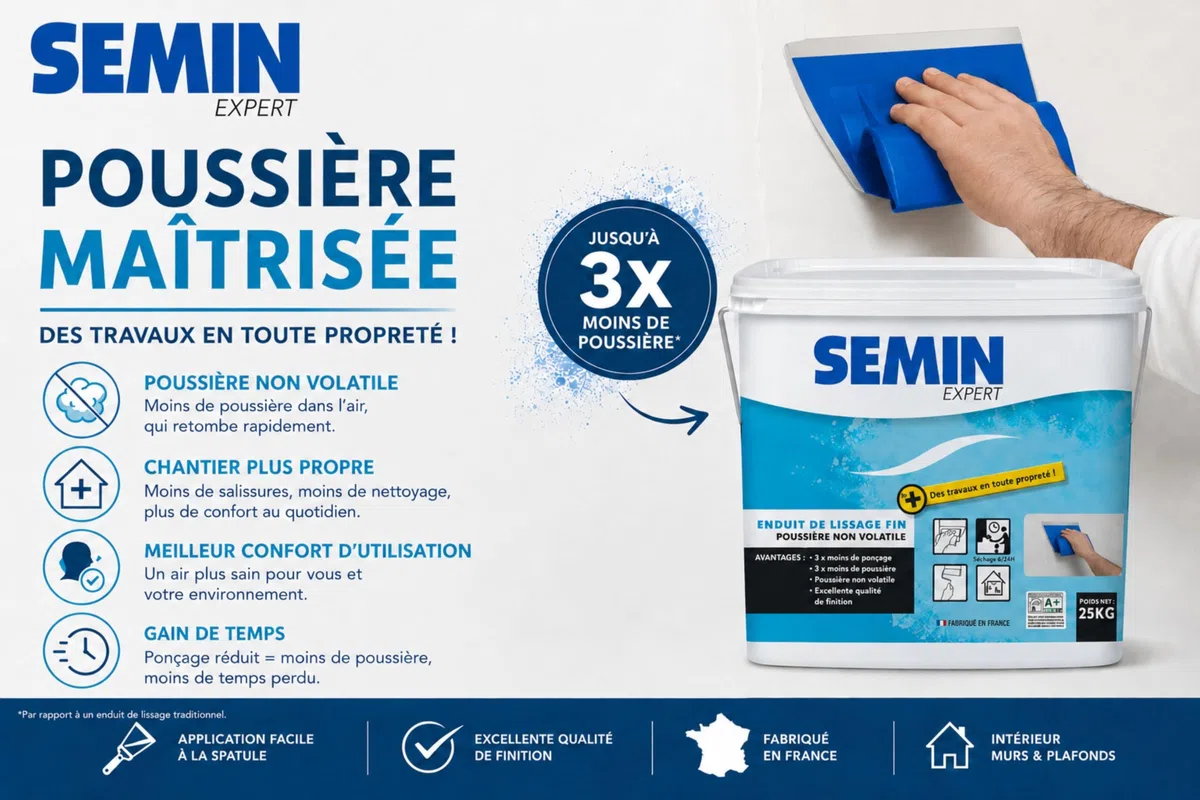 SEMIN Enduit de Lissage –3 X 10 kg Prêt à l'Emploi – Finition Murs et Plafonds Intérieurs – Poussière Maîtrisée – Ponçage Réduit – Excellente Qualité de Finition – Fabrication Française