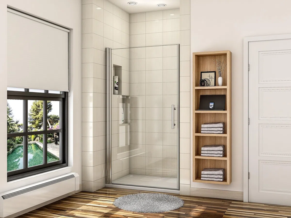 Porte de douche pivotante 90cm en 6mm verre anticalcaire Installation en niche Hauteur 197cm, profilé en chromé