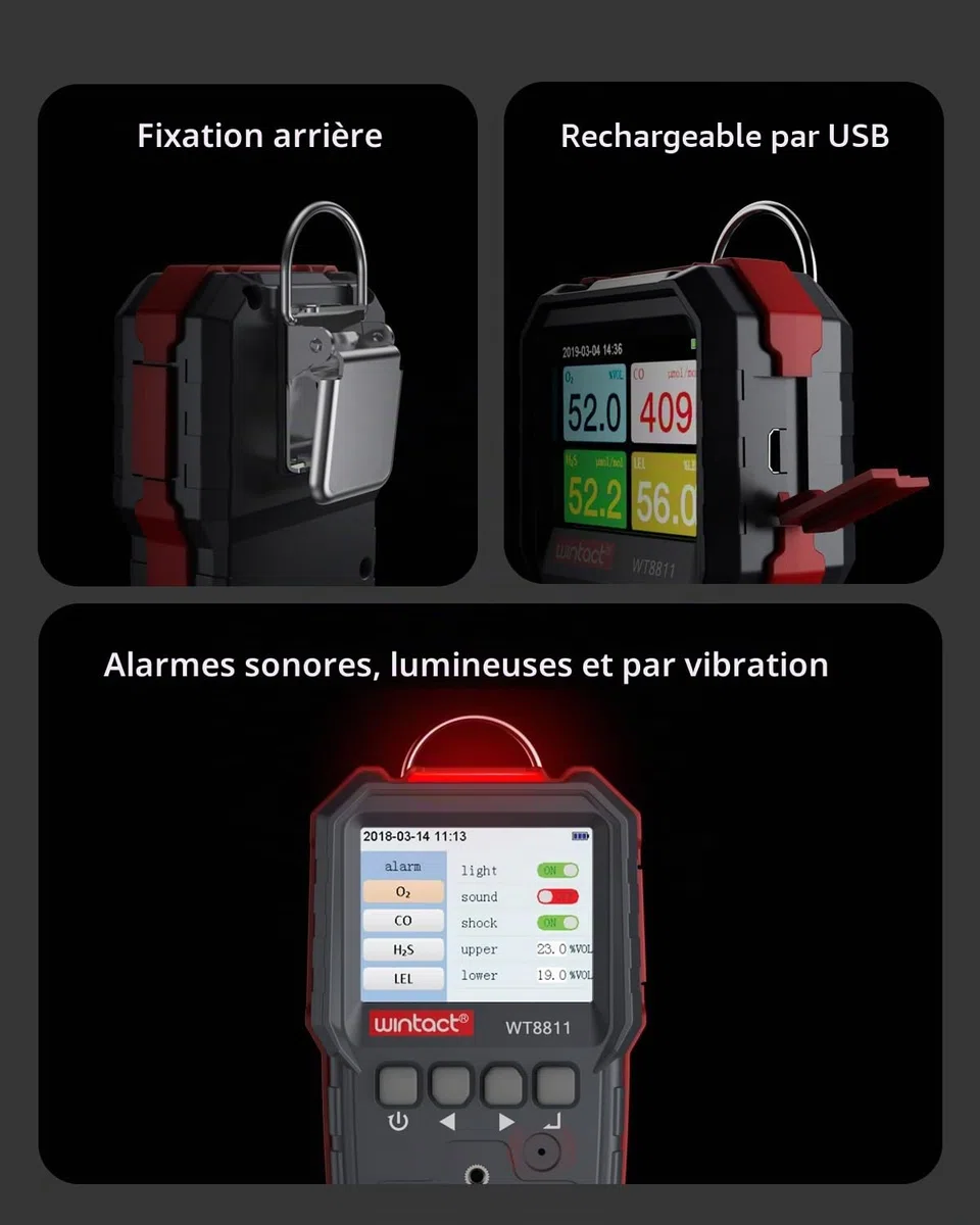 Wintact Détecteur de fuite de gaz 4 en 1, moniteur multi-alarme de gaz combustible, naturel, méthane, propane, monoxyde de carbone, sulfure d'hydrogène, oxygène pour la maison, camping-car, égout