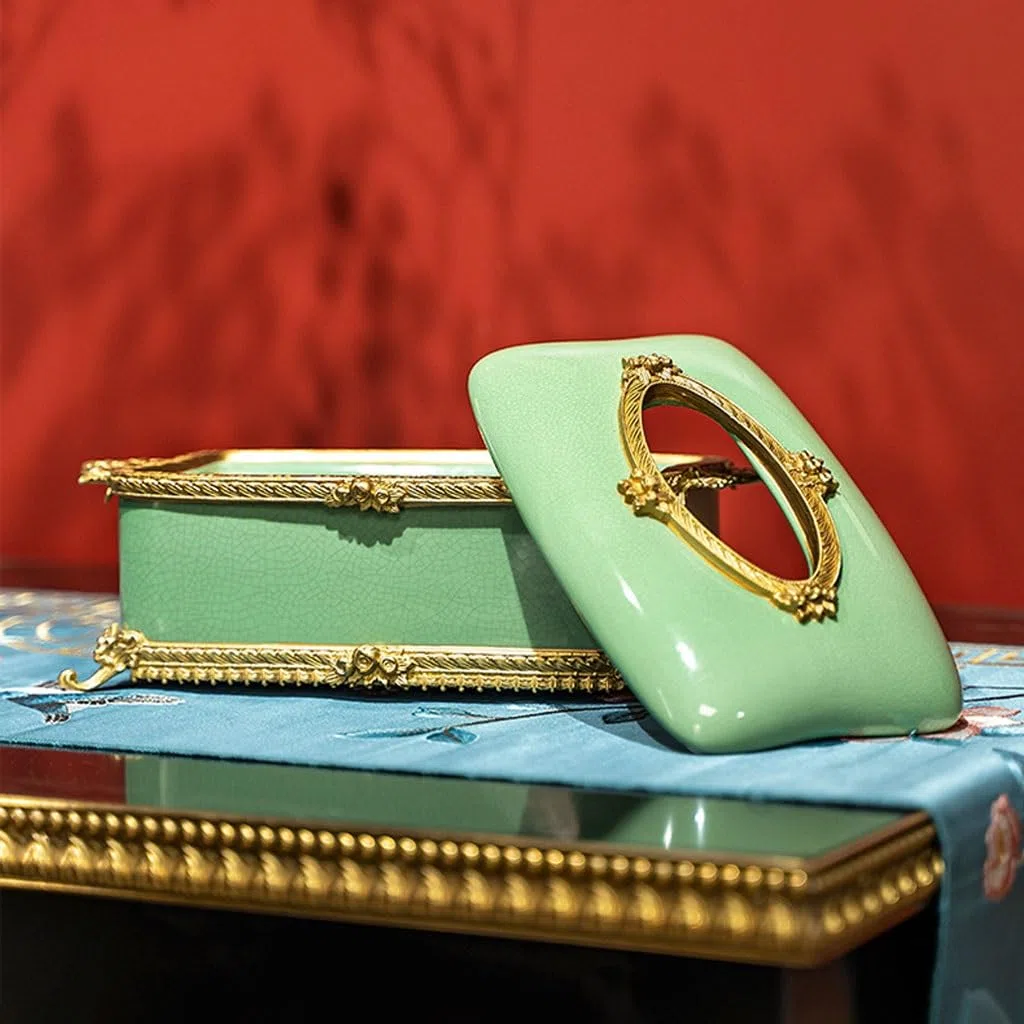 Couvercle de boîte à mouchoirs Céramique incrusté de cuivre Salon boîte à mouchoirs Luxe Maison Table Basse tiroir Papier décoration Bureau