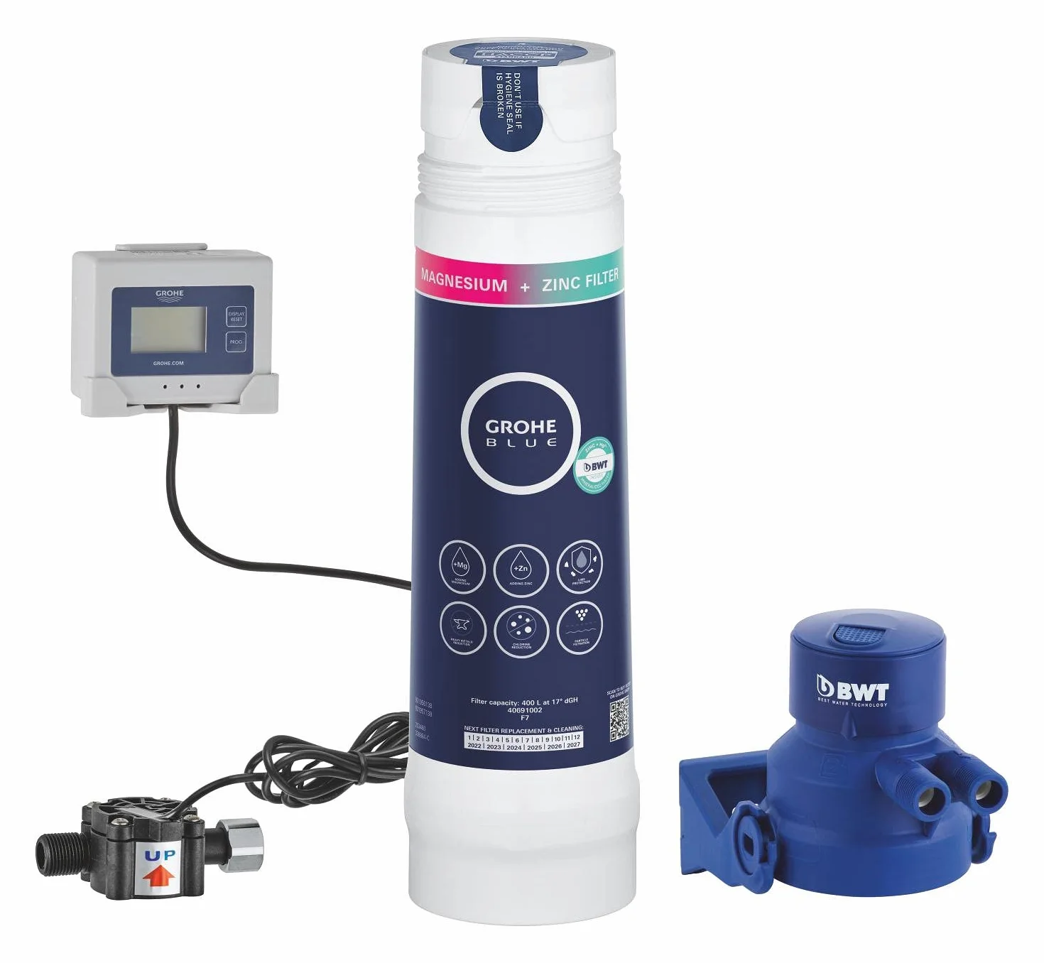 GROHE Blue 40875000 Filtre à eau sous évier – Kit de démarrage en magnésium et zinc (tête de filtre, débitmètre pour mesure de la durée de vie du filtre, capacité 400 L), pour robinet de cuisine Blue
