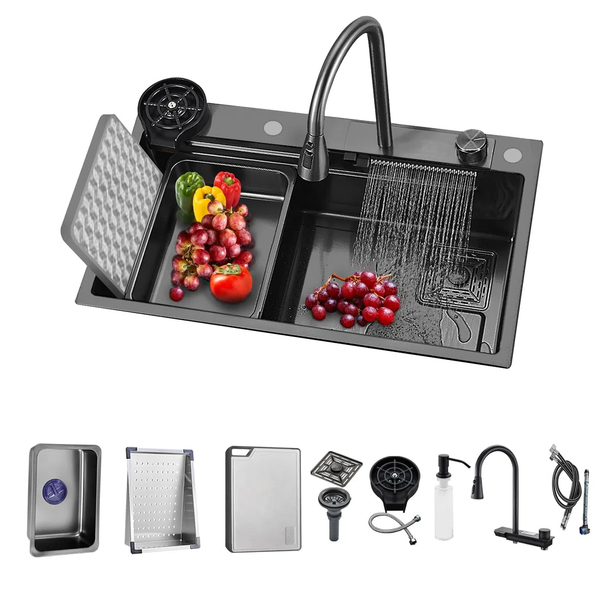 Évier Cuisine 1 Bac Évier de cuisine en acier inoxydable Pour laver les légumes et la vaisselle avec robinet à tirette cascade 32IN | 81CM