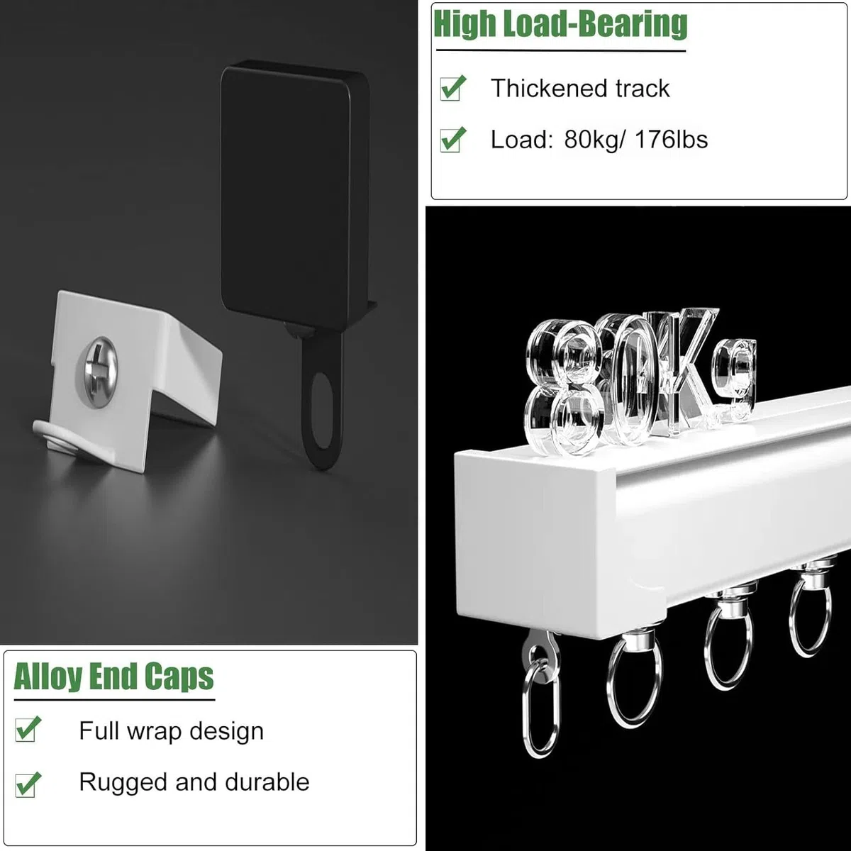Ensemble K en aluminium noir de 1 à 12 m avec poulies silencieuses pour montage au plafond/mur pour draperie lisse, rails polyvalents noirs pour la maison et le bureau